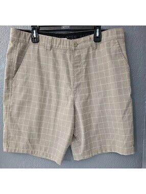 Men's Hang Ten Board Shorts Size 38 Beige Plaid Stretch Hybrid Walking Chinos